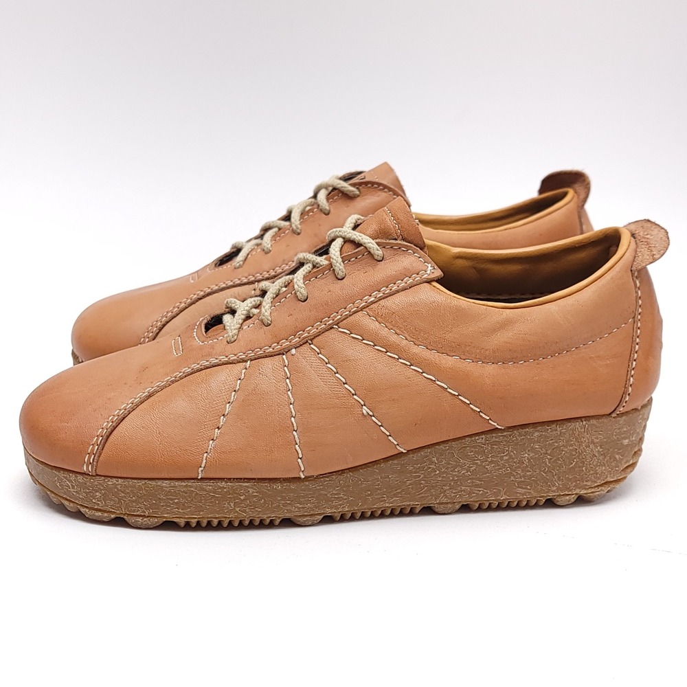 Armadillo Casual Tan‎ Leather Platform Shoes Sunburst Stitch Wedge Oxford 7.5